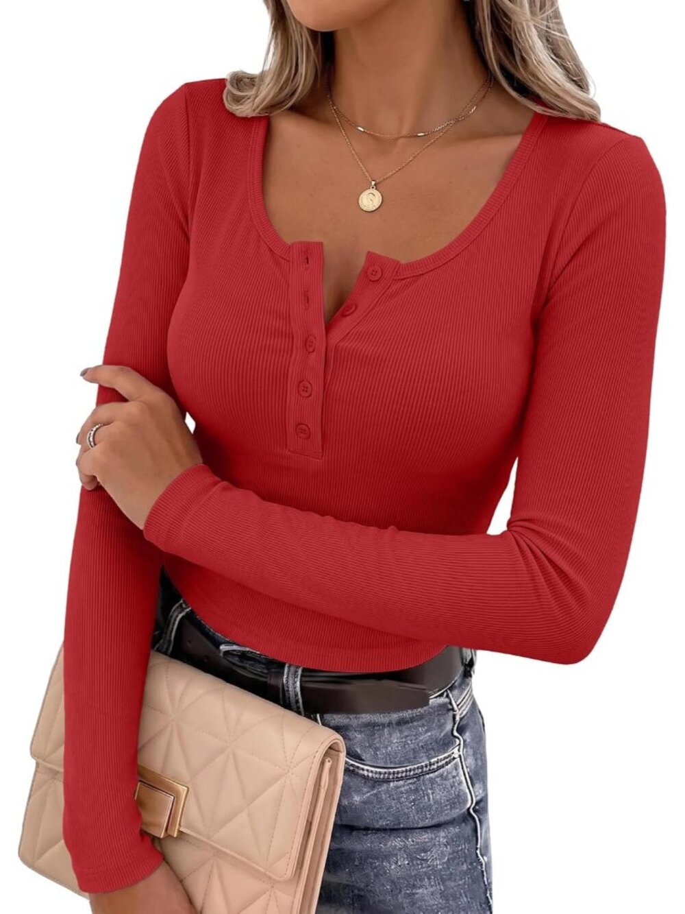 Women's Red Ribbed Knit Button Down Long Sleeve Layer Tees Stretch Henley Top